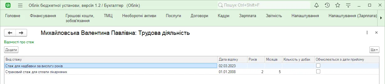 Відомості про стаж