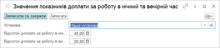 Значення показників доплати за роботу в нічний і вечірній час