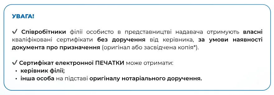 Увага! представники філії отримують власні сертифікати без доручення від керівника